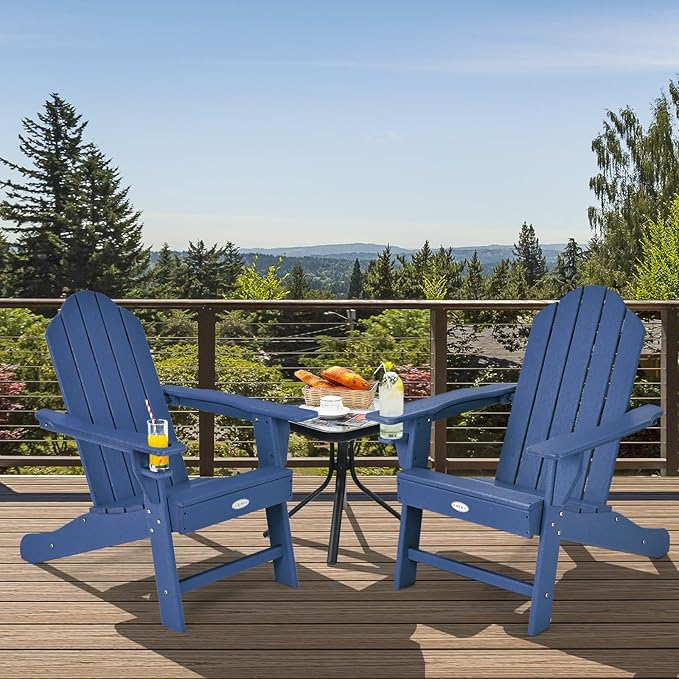 Tangkula Adirondack Chair Outdoor, Fade Resistant HDPE Armchairs with Cup Holder, Weather Resistant Lounger Chairs for Patio Garden Backyard Deck, Lawn Porch Seating, Adirondack Lounger (4, Navy)