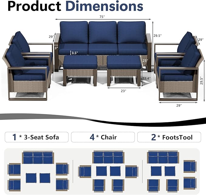 Outdoor Patio Furniture Set, 7 Piece Wicker Patio Conversation with Deep Seating, Thicken Cushions, Outdoor Club Chair, Metal Outdoor Furniture for Deck, Porch, Yard Use (Blue, 7 PCS/Chairs)