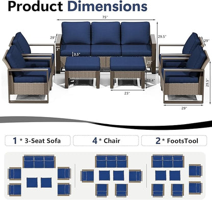 Outdoor Patio Furniture Set, 7 Piece Wicker Patio Conversation with Deep Seating, Thicken Cushions, Outdoor Club Chair, Metal Outdoor Furniture for Deck, Porch, Yard Use (Blue, 7 PCS/Chairs)