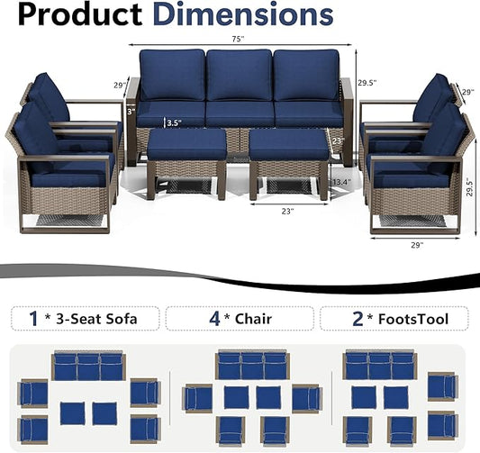 Outdoor Patio Furniture Set, 7 Piece Wicker Patio Conversation with Deep Seating, Thicken Cushions, Outdoor Club Chair, Metal Outdoor Furniture for Deck, Porch, Yard Use (Blue, 7 PCS/Chairs)