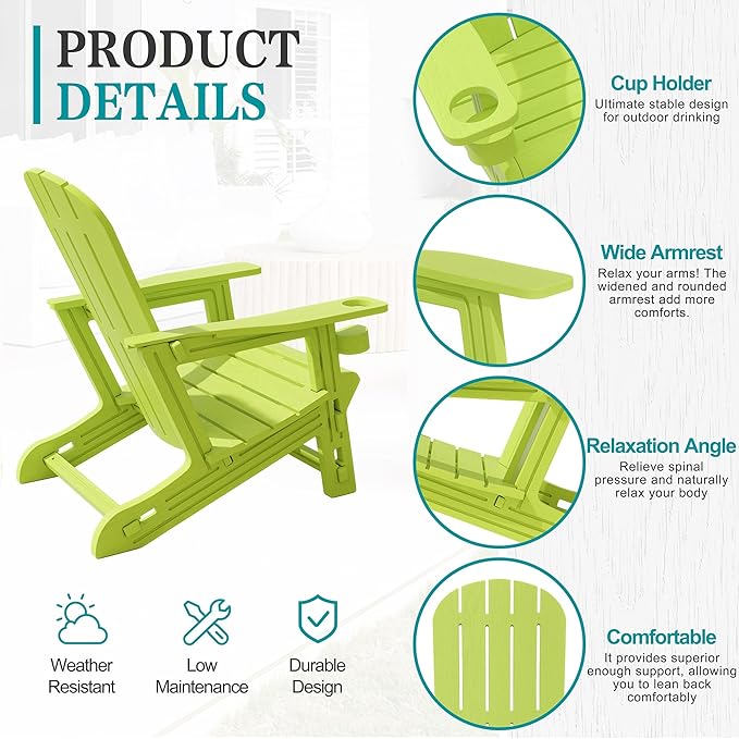 JY QAQA Outdoor Adirondack Chair Set of 2, All-Weather HDPE Patio Furniture with Detachable Table, Wood Texture & Cup Holder for Patio, Poolside, Garden, Green