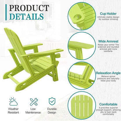 JY QAQA Outdoor Adirondack Chair Set of 2, All-Weather HDPE Patio Furniture with Detachable Table, Wood Texture & Cup Holder for Patio, Poolside, Garden, Green