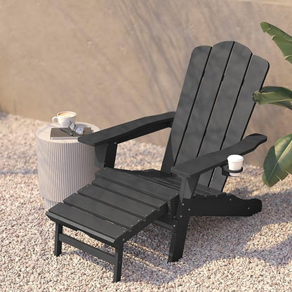 Flash Furniture Newport Poly Resin Adirondack Chair with Cup Holder and Pull Out Ottoman, All-Weather Poly Resin Indoor/Outdoor Lounge Chair, Gray