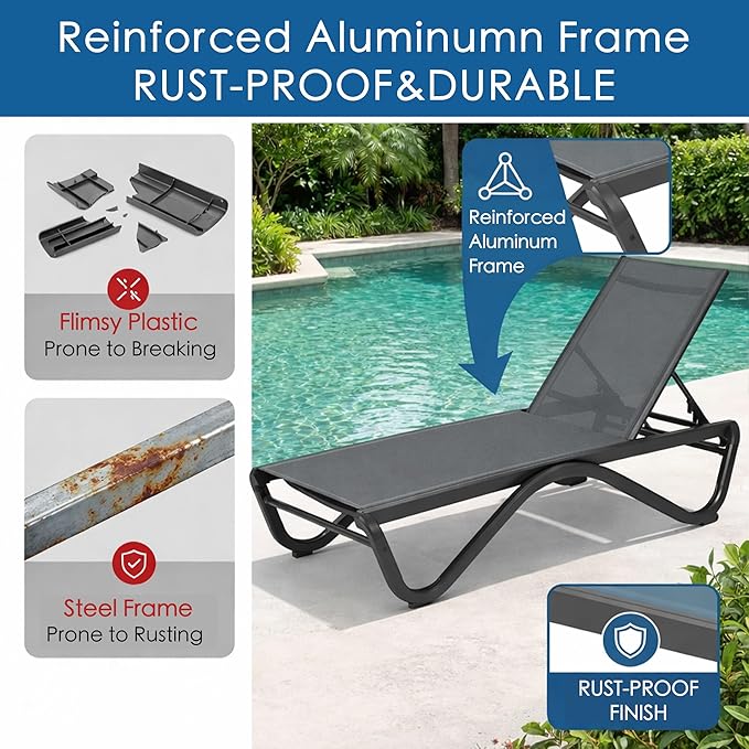 Kozyard Outdoor Chaise Lounge Chair, Full Aluminum Frame and Textilene Fabric, Adjustable Reclining Patio Lounger for Poolside, Sunbathing & Backyard (Gray, 2Chairs)
