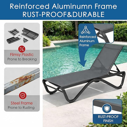 Kozyard Outdoor Chaise Lounge Chair, Full Flat Adjustable Patio Lounger with Aluminum Frame & Resin Legs, Textilene Fabric for Poolside, Backyard & Beach (Gray, 2Chairs)