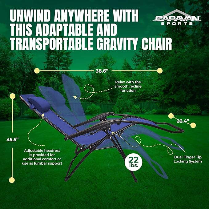 Caravan Sports Zero Gravity Outdoor Portable Folding Camping Lawn Deck Patio Pool Recliner Lounge Chair for Adults, Adjustable Headrest, Blue