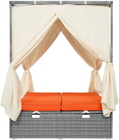 Patio Chaise Lounge, Gray PE Rattan Outdoor Patio Wicker Sunbed Daybed with Adjustable Seats, Four-sided Canopy, Overhead Curtain and Orange Cushion for Backyard, Garden, Poolside (for 2-6 people)
