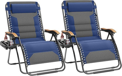 PHI VILLA XXL Oversized Padded Zero Gravity Chair Set of 2, Foldable Patio Recliner, 30" Wide Seat Anti Gravity Lounger with Armrest and Cup Holder, Support 400 LBS (Thumb Blue)