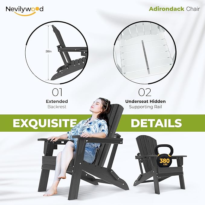 nevilywood HDPE Folding Adirondack Chair Set of 2,Waterproof All-Weather Outdoor Design with Cup Holder,Suitable for Patio for Fire Pit, Patio & Beach, Black