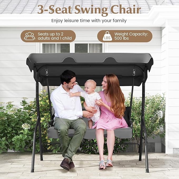 RELAX4LIFE 3-Person Porch Swing Chair - Outdoor Swing w/Adjustable Canopy, Removable Cushion & Metal Frame Stand - Photo 3
