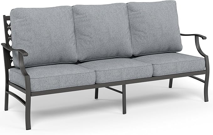 Metal Patio Sofa with 5.75" Extra Thick Waterproof Cushion, 3-Seater High-Back Outdoor Couch All Weather Outdoor Seating for Backyard Deck Front Porch, Gray