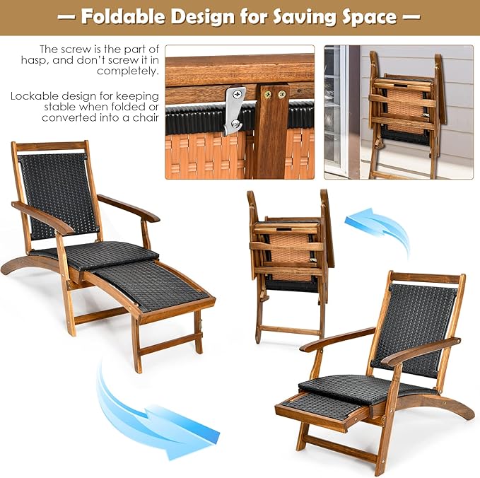 RELAX4LIFE Patio Chaise Lounge Chair - Acacia Wood Folding Rattan Wicker Chair w/Retractable Footrest - Photo 5