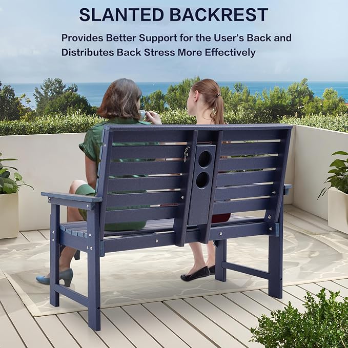 Outdoor Bench Weatherproof - HDPE 2-Person Garden Bench with Cup Holders, Bench Furniture with Backrest and Armrests - Photo 7