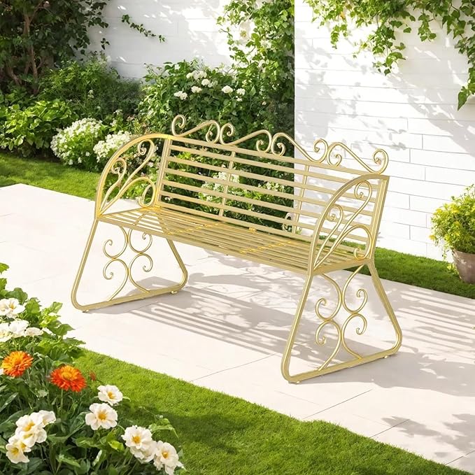2-Seat Patio Porch Bench 45"，Outdoor Metal Garden Bench，Weather Proof Porch Path Chair，Patio Bench with Backrest and Armrests，Patio Bench for Lawn Path Yard Decor Deck Furniture(Gold)