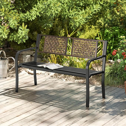Tangkula 50” Outdoor Metal Park Bench, Outdoor Garden Bench for 2-3 People with Rattan-Like Backrest & Curved Armrests, Heavy-Duty Patio Modern Slatted Seating for Backyard, Poolside, Porch