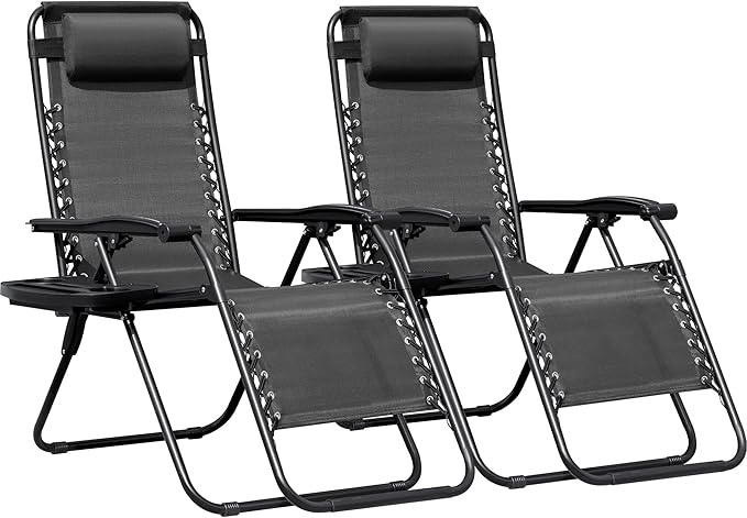 Greesum Zero Gravity Chairs Set of 2 Adjustable Steel Mesh Recliners Beach Deck Lawn Camping Patio Foldable Lounge Chair with Cup Holder Trays and Pillows,Dark Black