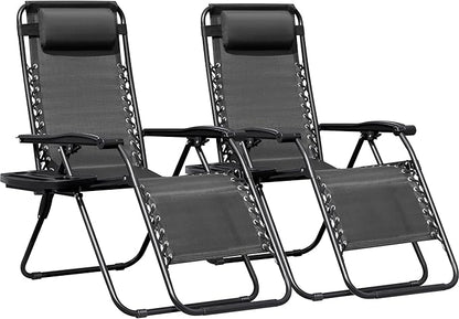 Greesum Zero Gravity Chairs Set of 2 Adjustable Steel Mesh Recliners Beach Deck Lawn Camping Patio Foldable Lounge Chair with Cup Holder Trays and Pillows,Dark Black