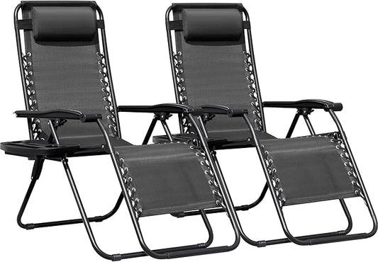 Greesum Zero Gravity Chairs Set of 2 Adjustable Steel Mesh Recliners Beach Deck Lawn Camping Patio Foldable Lounge Chair with Cup Holder Trays and Pillows,Dark Black