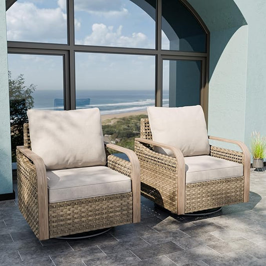 Modern Wicker Outdoor Swivel Rocking Chairs, Rattan Glider Rocker Chairs Patio Armchairs for Backyard, Deck, Porch, Garden, 2 Pieces, Brown/Gray