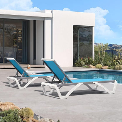 PURPLE LEAF Patio Chaise Lounge Chair Set of 3 Outside Aluminum Plastic Stackable Tanning Chairs for Pool Sunbathing Beach Deck Outdoor Lounger, Turquoise Blue