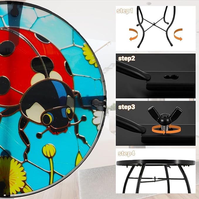 Small Side Table with Metal Frame, 10.5" Round Side Tables with Seven-Spotted Ladybug Pattern,Outdoor Table for Balcony,Terrace,Garden,Living Room