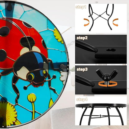 Small Side Table with Metal Frame, 10.5" Round Side Tables with Seven-Spotted Ladybug Pattern,Outdoor Table for Balcony,Terrace,Garden,Living Room