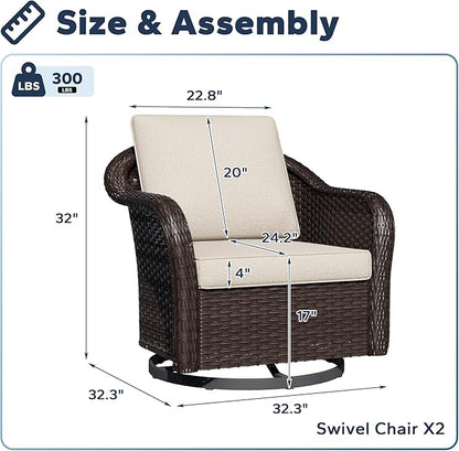 Outdoor Wicker 360 Degree Swivel Glider Rocker Chairs Set, Patio Conversation Furniture Set with Washable Cushions for Garden, Poolside (Beige)