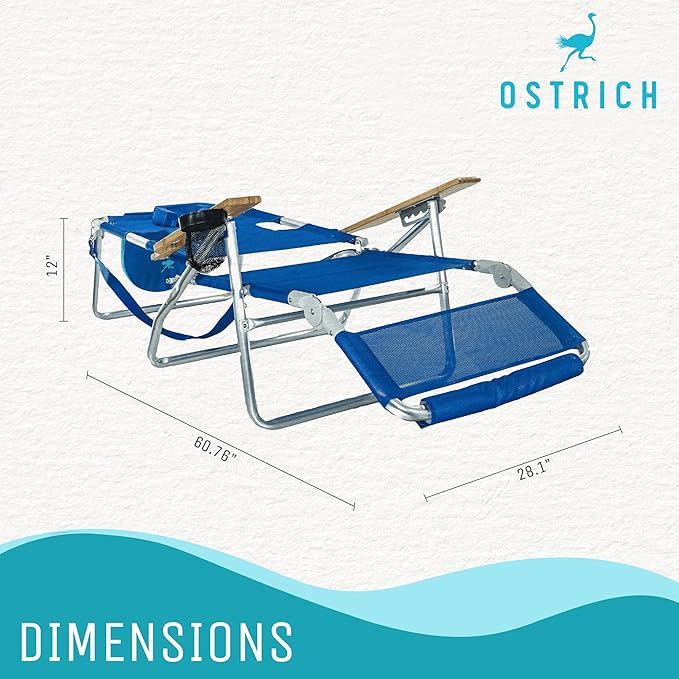 Ostrich the Original 3N1 Lightweight Beach Reclining Lounge Chair with Footrest, Outdoor Furniture for Patio, Balcony, Backyard, or Porch, Blue