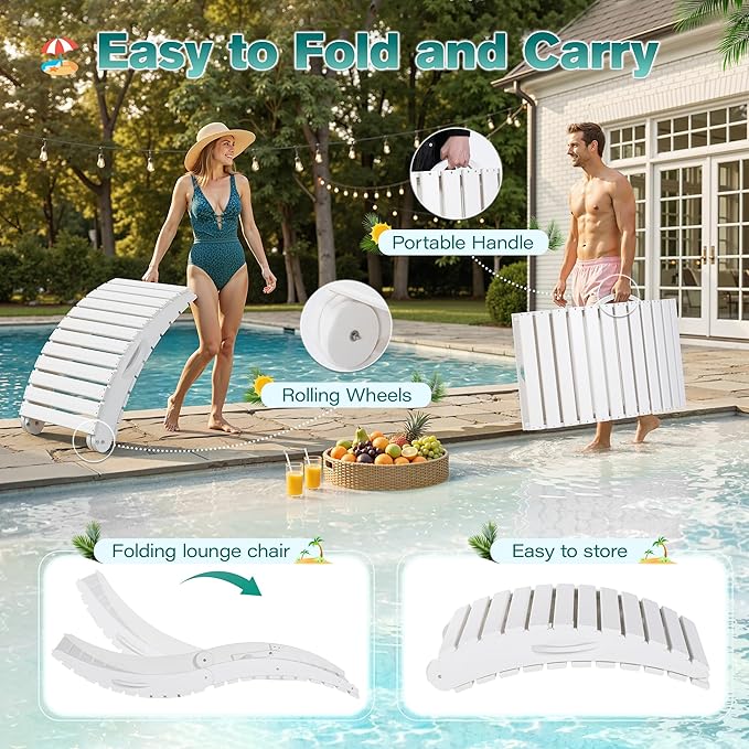 nalone Folding Pool Lounge Chair, HDPE Outdoor Pool Chaise Lounge with Pillow, Pre-Assembled Tanning Chairs with Wheels for Pool Beach Patio (1, White)
