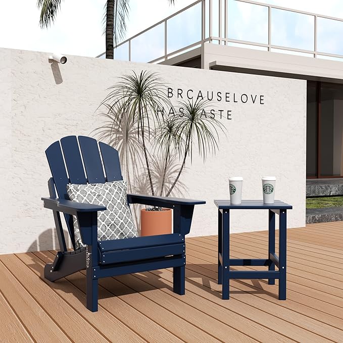 WO WESTIN OUTDOOR HDPE Laguna Outdoor Poly Adirondack Chair with Side Table, Navy Blue