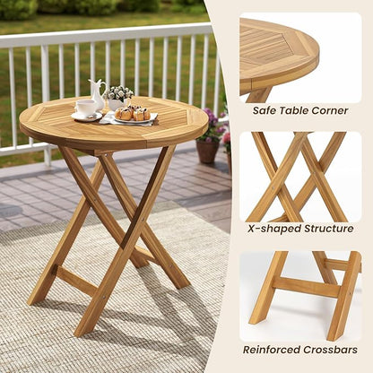 Tangkula 27.5" Teak Wood Patio Dining Table, Round Outdoor Bistro Table with Slatted Tabletop, Sturdy X-Shaped Frame, Wood Outside Table for Backyard, Poolside, Garden, Lawn, Natural