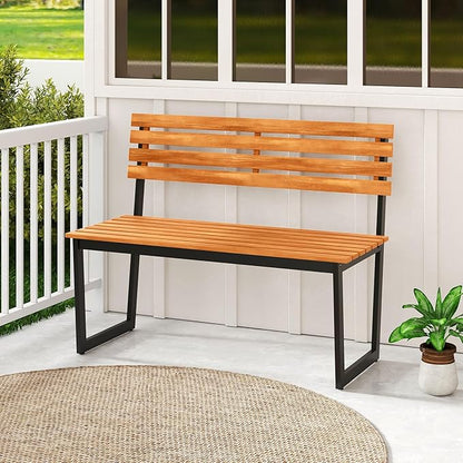Giantex Outdoor Bench, 43"×22"×33" Acacia Wood Patio Loveseat with Backrest, Heavy Duty Metal Frame, 800 lbs Weight Capacity, 2-Person Garden Bench for Lawn, Porch, Yard and Park