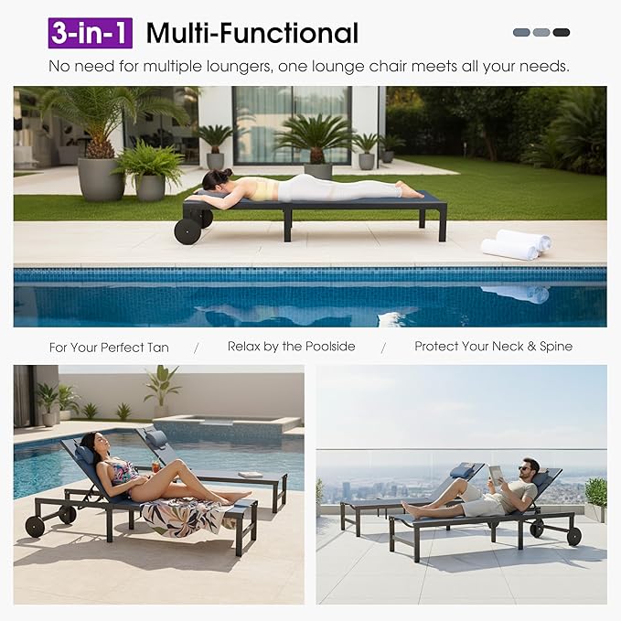 PURPLE LEAF Outdoor Tanning Lounge Chair Set with Face Hole Aluminum Adjustable Chairs Wheels Pillows and Table for Poolside Beach Patio Reclining Sunbathing Lounger Indigo