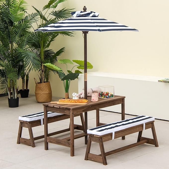 HONEY JOY Kids Picnic Table, Outdoor Wooden Table & Bench Set w/Removable Cushions and Umbrella, Stripe Fabric, Children Backyard Furniture for Patio Garden, Gift for Toddler Boys Girls Age 3+(Blue)