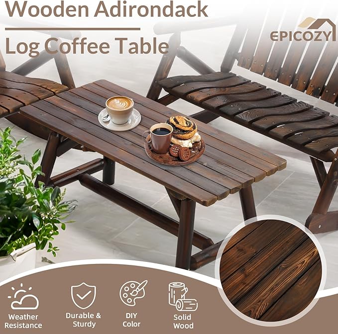 3-Piece Outdoor Wood Rocking Bistro Set, Rustic Wooden Conversation Set Including 2-Seater Loveseat, Log Rocker Chair and Coffee Table, Patio Furniture Chair Set for Lawn Yard, Carbonized