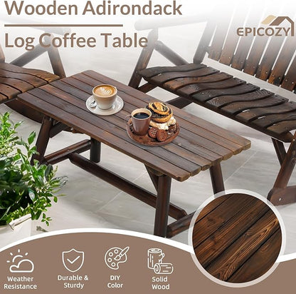 3-Piece Outdoor Wood Rocking Bistro Set, Rustic Wooden Conversation Set Including 2-Seater Loveseat, Log Rocker Chair and Coffee Table, Patio Furniture Chair Set for Lawn Yard, Carbonized