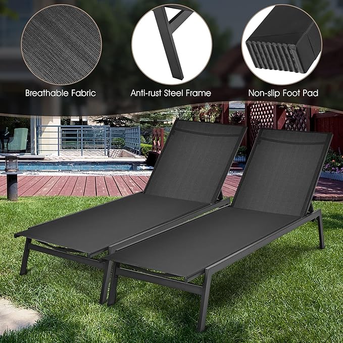 Giantex Chaise Lounge Chair Patio - Tanning Chair w/ 6 Position Adjustable Backrest, Breathable Fabric, Chaise Lounger for Outside, Poolside, Backyard, Lawn, Garden, Outdoor Lounge Chair (2, Black)