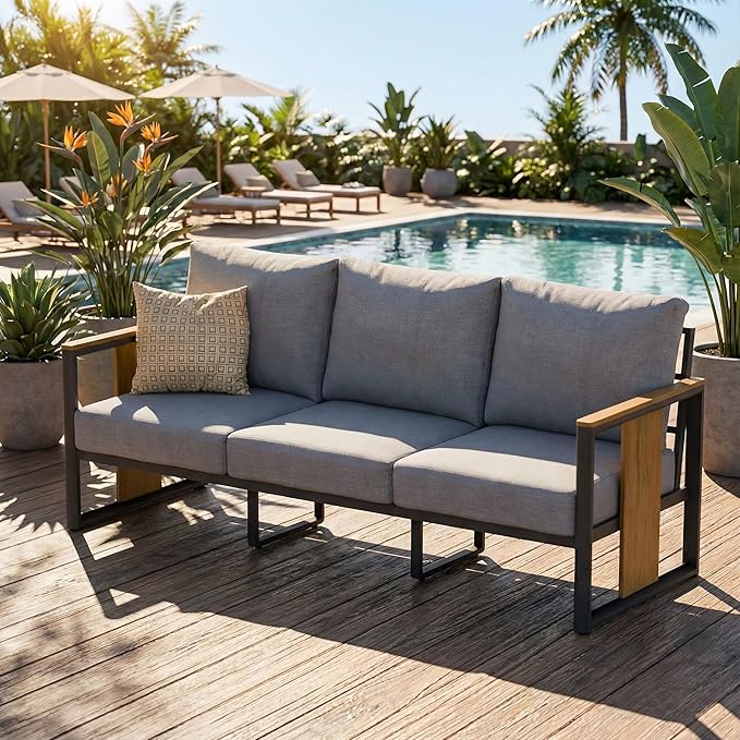 ZANDOR Outdoor Aluminum Patio Furniture 3-Seat Sofa All-Weather Outdoor Patio Sofa with Washable Thick Cushions - Photo 1
