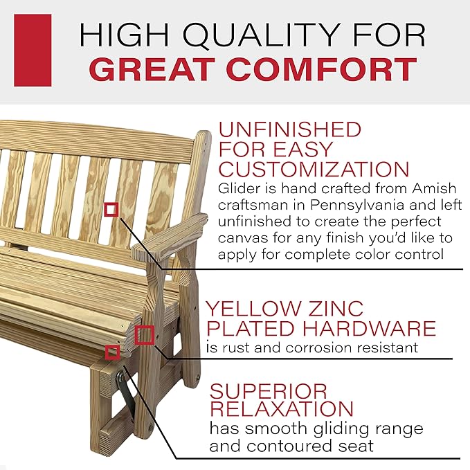 Amish Casual Heavy Duty 800 Lb Mission Pressure Treated Porch Glider (4 Foot, Unfinished) - Photo 4