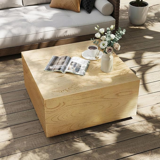 UPHA 28" Square Outdoor Coffee Table, Modern Hollow Concrete Patio Table, Small Minimalist Low Accent Table for Living Room, Balcony, Deck, Backyard, Natural Wood Finish
