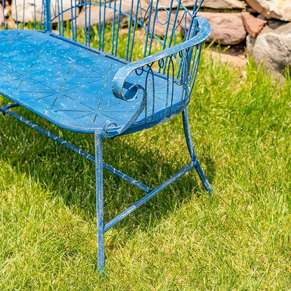 Zaer Ltd. Vintage Style Metal Patio Furniture with Heart Design Accents, Outdoor/Indoor Decor (Vintage Blue, Garden Bench)