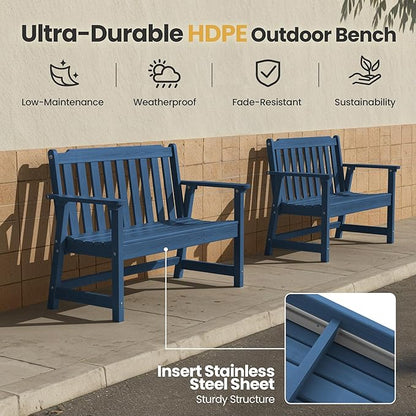 Ciokea 49" Heavy Duty Outdoor Bench, HDPE Weatherproof Porch Benches, Durable 2-Person Garden Benches with 660 Lbs, Waterproof Patio Bench for Outside Balcony Deck Backyard, Navy Blue