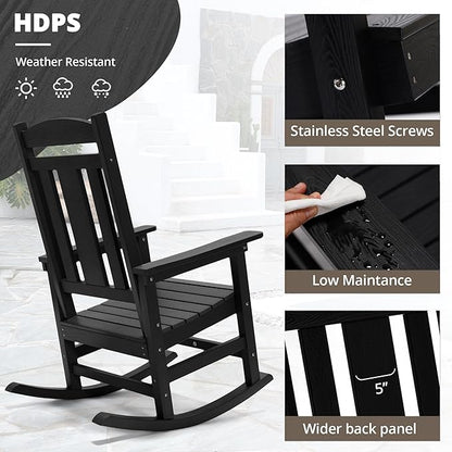 LUE BONA Rocking Chair Outdoor, Weather Resistant Poly Plastic Rocker Chairs, 350lb Heavy Duty, Oversized Porch for Adult, High Back Smooth Chairs Outdoor & Indoor, Black
