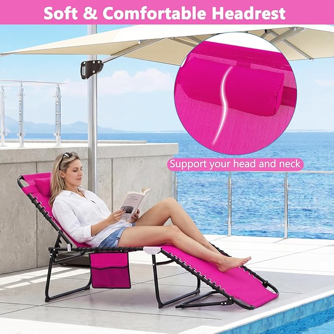 Giantex Patio Lounge Chairs for Outside - Folding Tanning Chair w/Headrest, 4 Adjustable Positions, Side Pocket, Outdoor Chaise Lounge for Camping, Pool, Sunbathing Beach Chair, Pink
