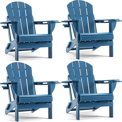 Folding Outdoor Adirondack Chairs Set of 4 with High&Reclining Back-HDPE Weather Resistant Patio Chairs with Cup and Phone Holder for Patio,Fire Pit, Garden and Backyard