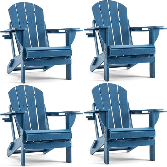 Folding Adirondack Chair, HDPE Outdoor Texture Lawn Chair with Reclining Back, Cup and Phone Holder - Comfortable Firepit Chair Weather Resistant for Patio or Backyard (Blue, Set of 4)