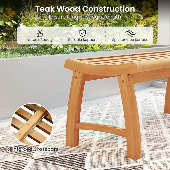 Tangkula Teak Wood Outdoor Bench, 2-Person Patio Backless Garden Dining Bench with Contoured Slatted Seat, 800 lbs Capacity, Outside Seating Furniture for Porch, Balcony, Deck & Yard