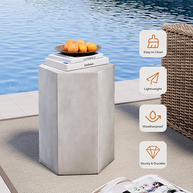 HOMPUS Concrete Side Table, Hexagon Outdoor Side Table, Modular Design Accent Table, Indoor Patio End Table, Light Grey Home Décor for Living Room, Bedroom or Backyard (14.5" L x 12.5" W x20 H)
