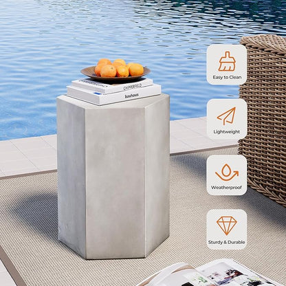 HOMPUS Concrete Side Table, Hexagon Outdoor Side Table, Modular Design Accent Table, Indoor Patio End Table, Light Grey Home Décor for Living Room, Bedroom or Backyard (14.5" L x 12.5" W x20 H)