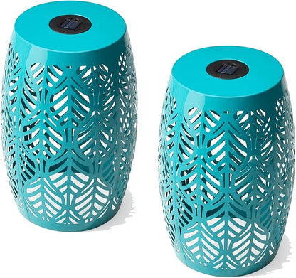 Glitzhome Set of 2 Outdoor Side Table with Leaf Pattern Solar Powered Light, 18.25" H Iron Cutout Drum Garden Stool Solar Decorative Lanterns, Metal End Table Plant Stand for Indoor Outdoor, Blue